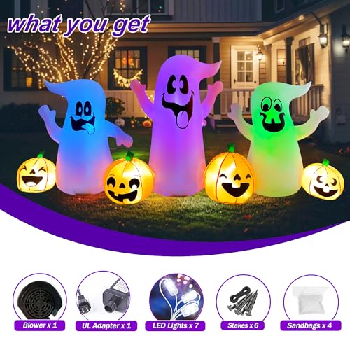 8 Ft Halloween Inflatable Three Ghosts with Pumpkin LED Light Up D22421
