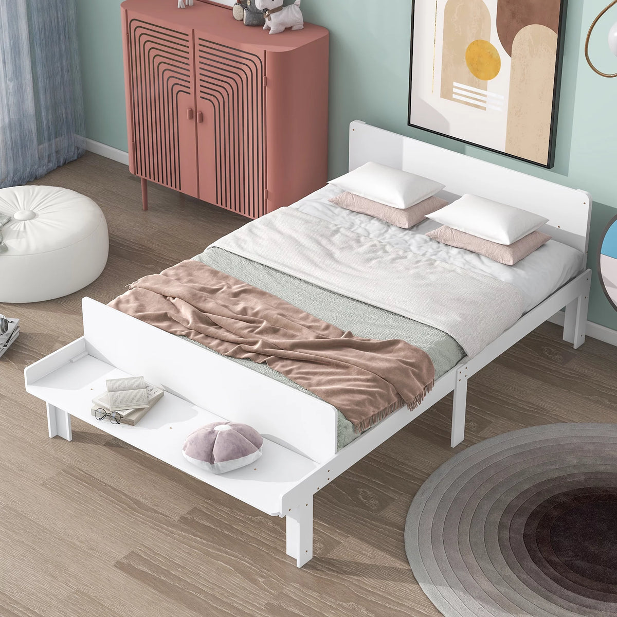 White Wood Platform Bed Frame with Headboard and Footboard Bench O4720