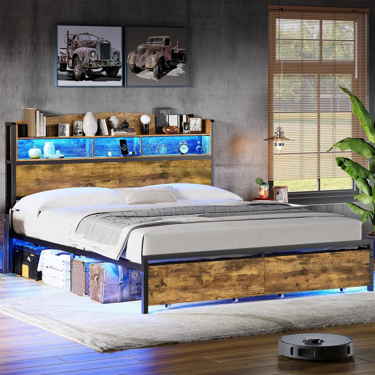 Queen Size Platform Bed with Storage Drawers and LED Headboard Y5663