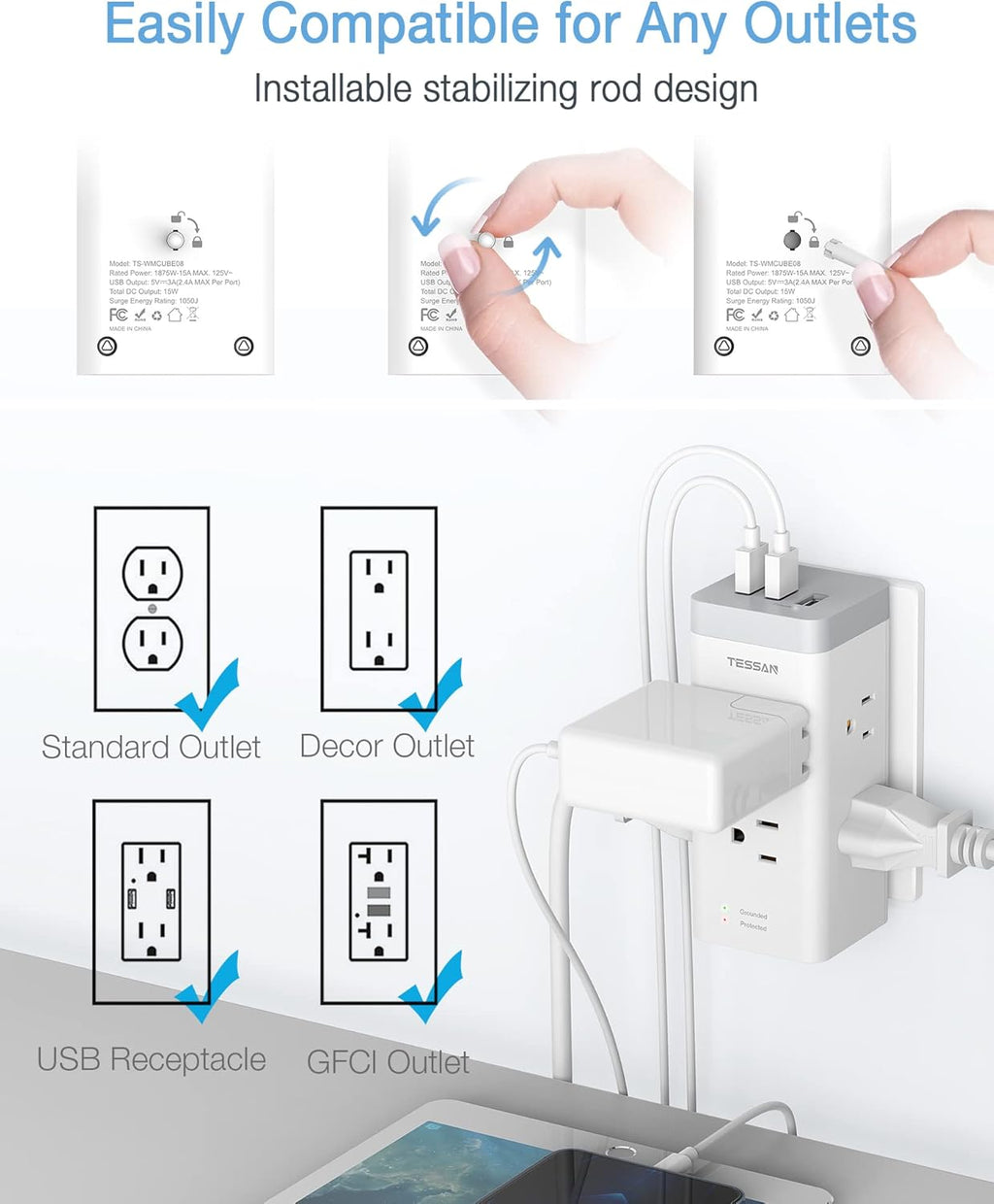 Multi Plug Outlet Extender with USB, 6 Electrical Outlet Z58373
