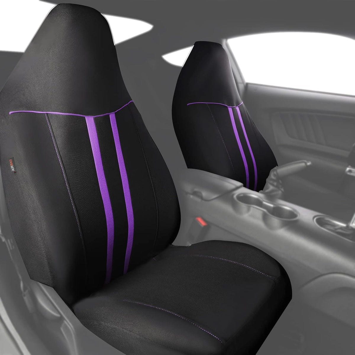 Automotive Seat Covers Full Set Universal Fit Air Compatible 3 Zipper Bench Black-Purple D548