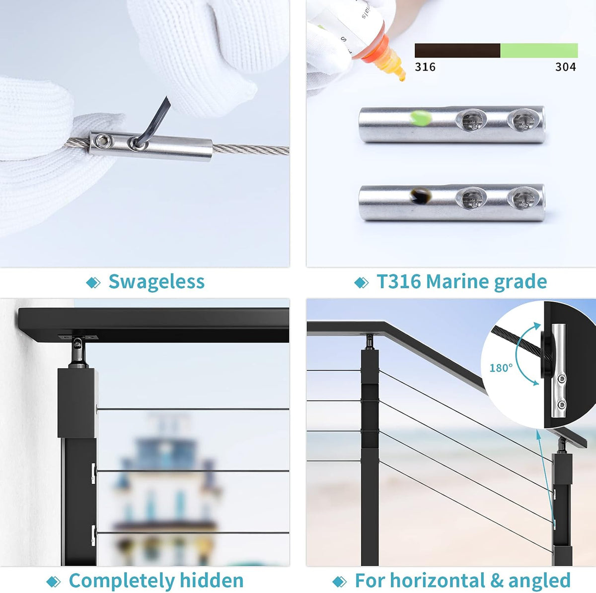 20 Pack 1/8 Swageless Invisible Cable Railing Kit T316 Stainless Steel T902
