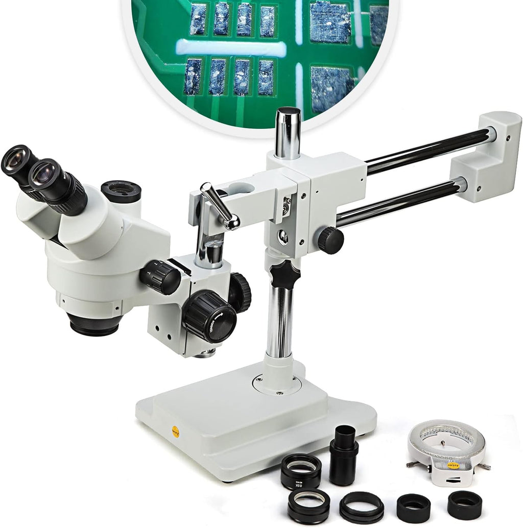 Simul-Focal Trinocular Stereo Zoom Microscope with WH10x Eyepieces, 0.7X-4.5X Objective, LED Ring Light, Double Arm Boom Stand, 0.5X and 2.0X Barlow Lens A117584