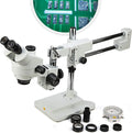 Simul-Focal Trinocular Stereo Zoom Microscope with WH10x Eyepieces, 0.7X-4.5X Objective, LED Ring Light, Double Arm Boom Stand, 0.5X and 2.0X Barlow Lens A117584
