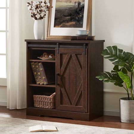 Rustic Brown Wash Sliding Barn Door Accent Storage Console Cabinet C562871