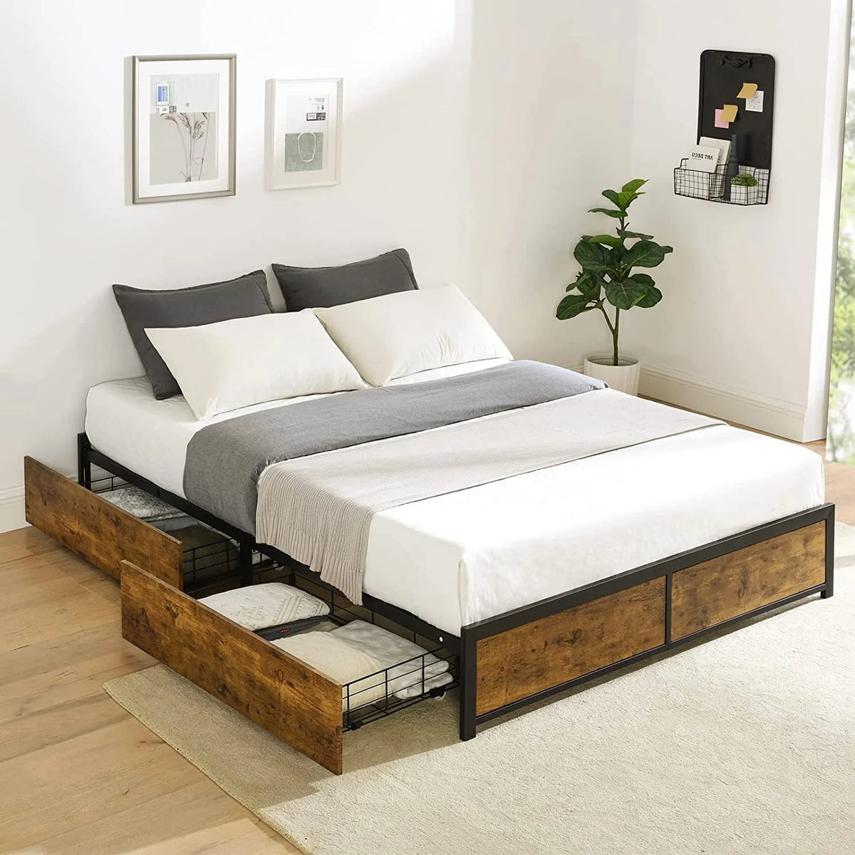 King Metal Platform Bed Frame with 4 Storage Drawers X1577