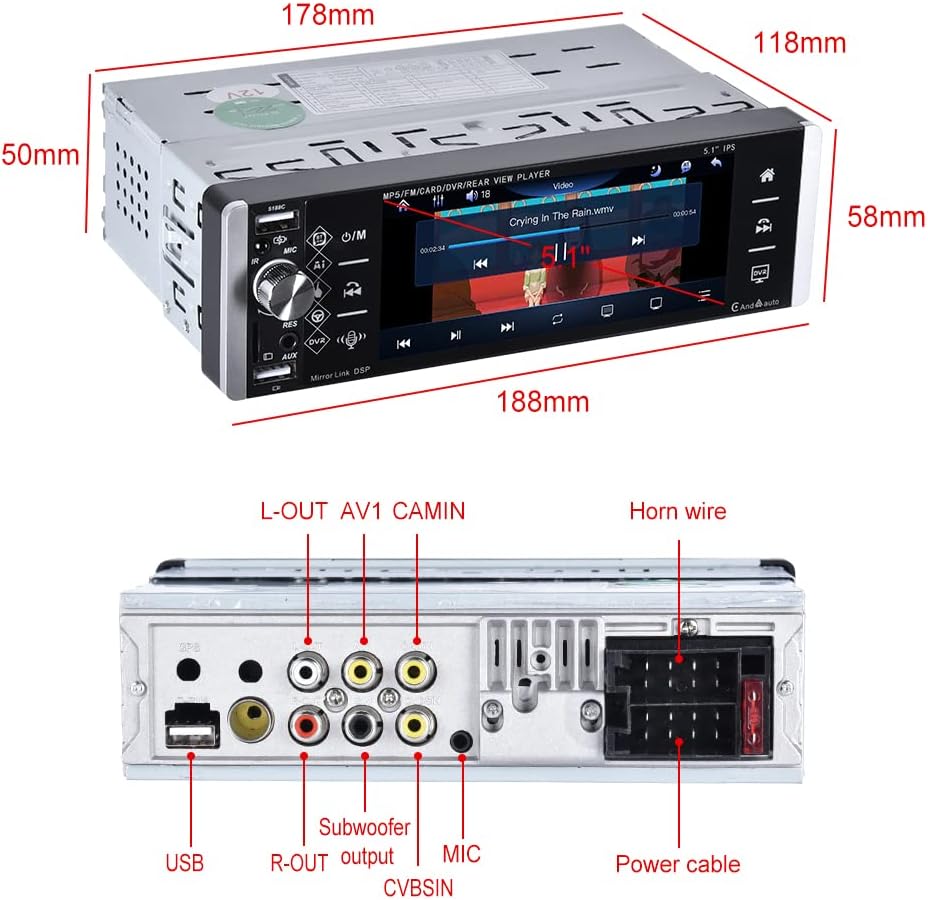 Single Din Bluetooth Car Stereo with 5.1'' HD Touch Screen W84203