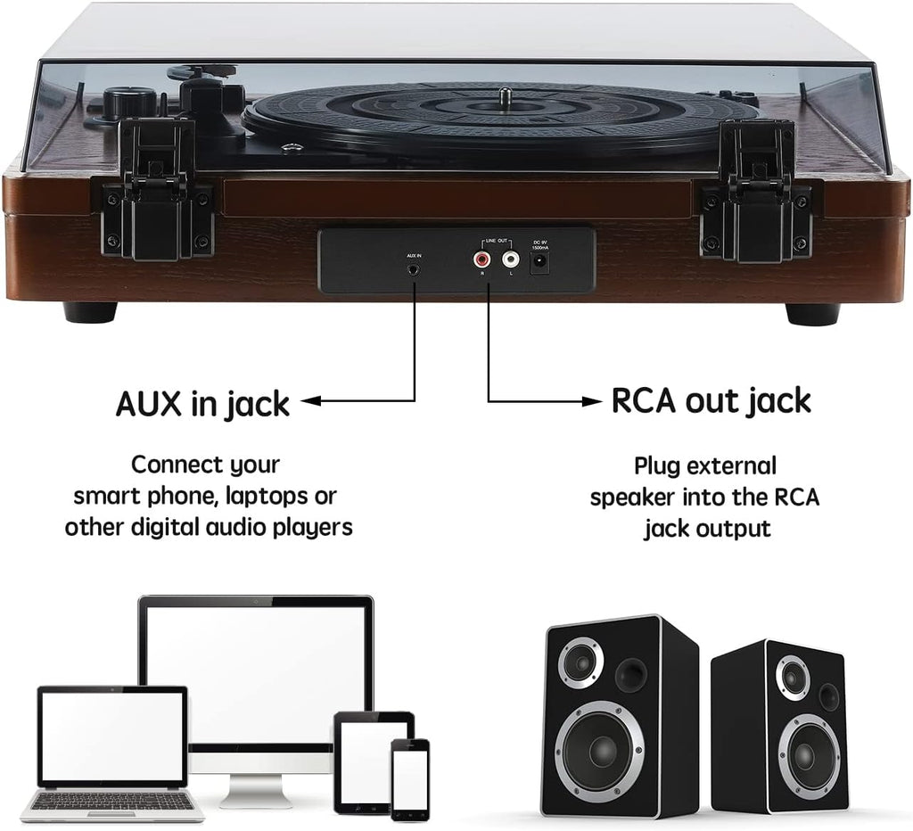 Wooden Vinyl Record Player with Built-in Speakers, Bluetooth Input, 3-Speed C605
