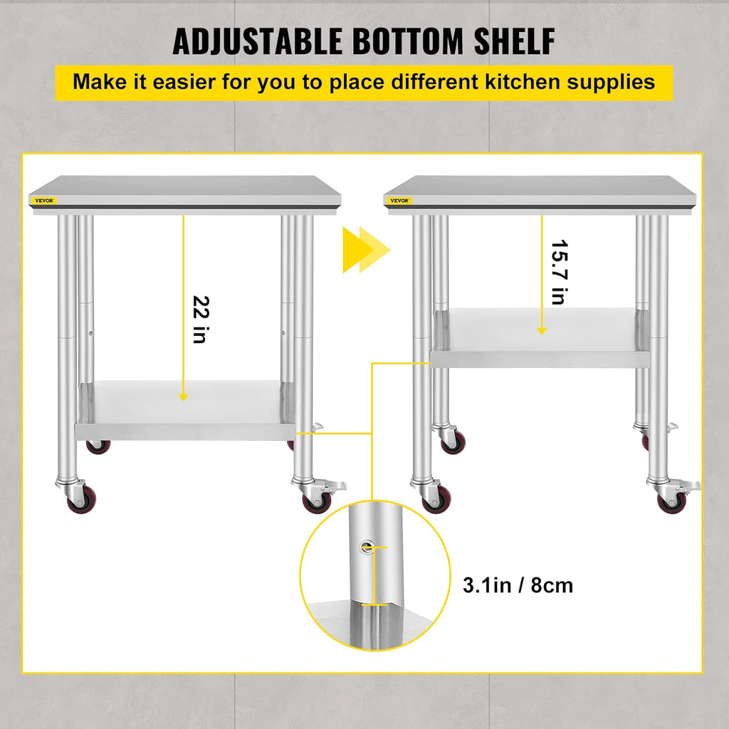 Stainless Steel Work Table with Wheels 24 x 30 x 32 Inch N30780