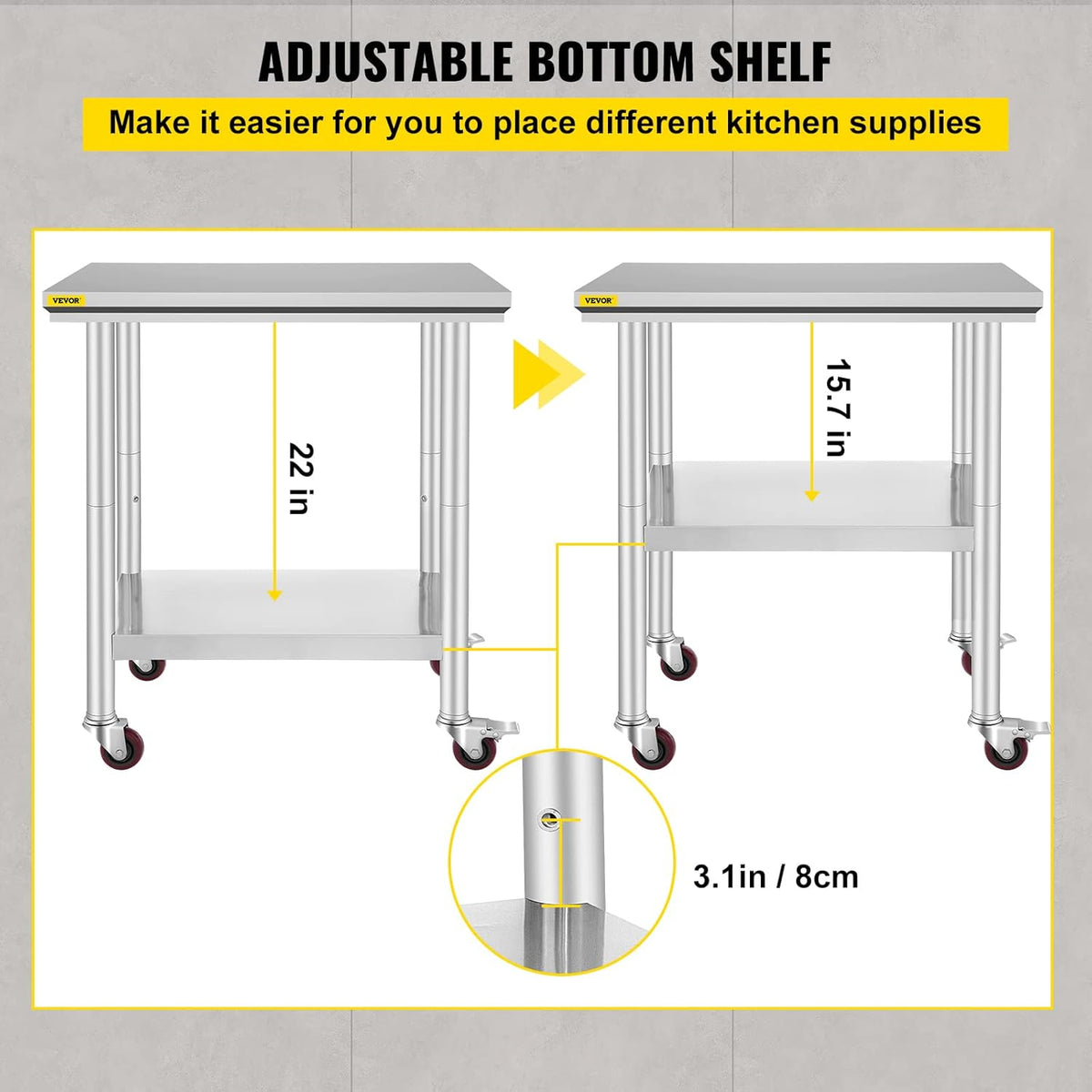 Stainless Steel Work Table with Wheels 24 x 30 x 32 Inch N30780