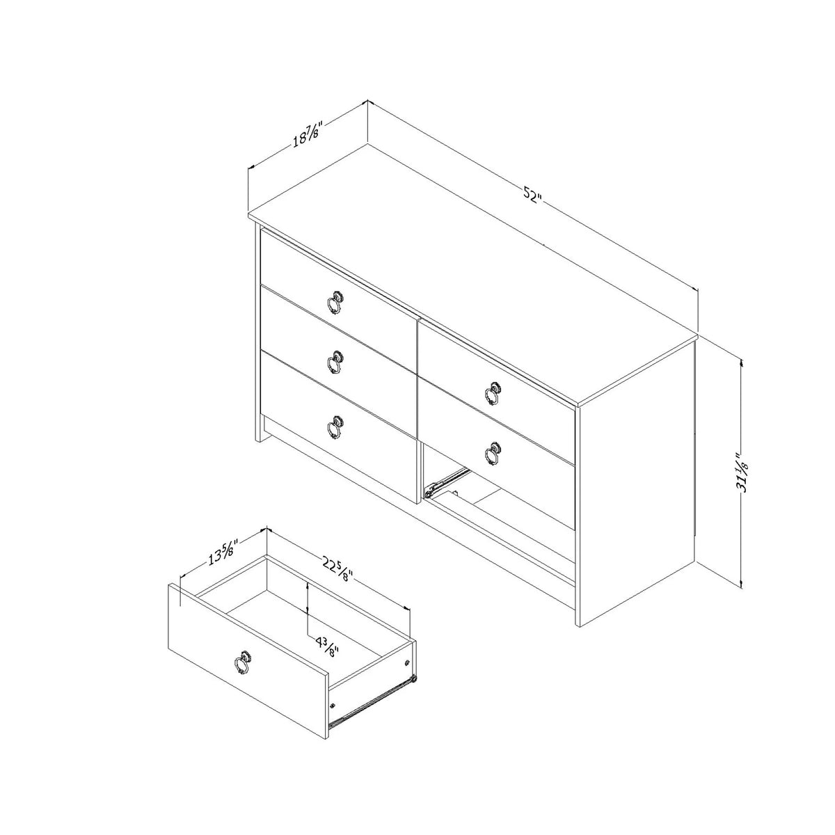 White and Weathered Oak 6 Drawer Double Dresser W8978
