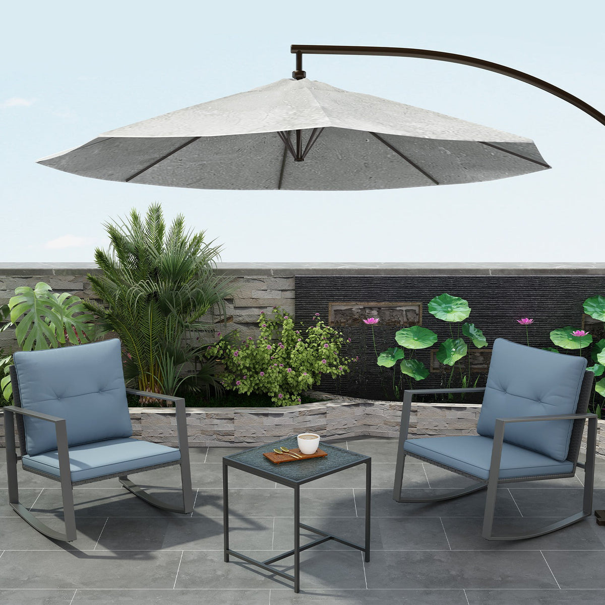 3-Piece Bistro Outdoor Cafe Furniture Set with Glass Table Grey N1738