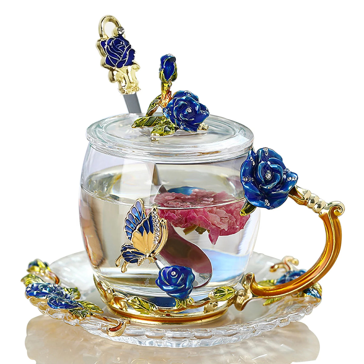 Blue Rose Enamel Glass Tea Cup Set with Lid, Coaster and Spoon (320ml) C29960