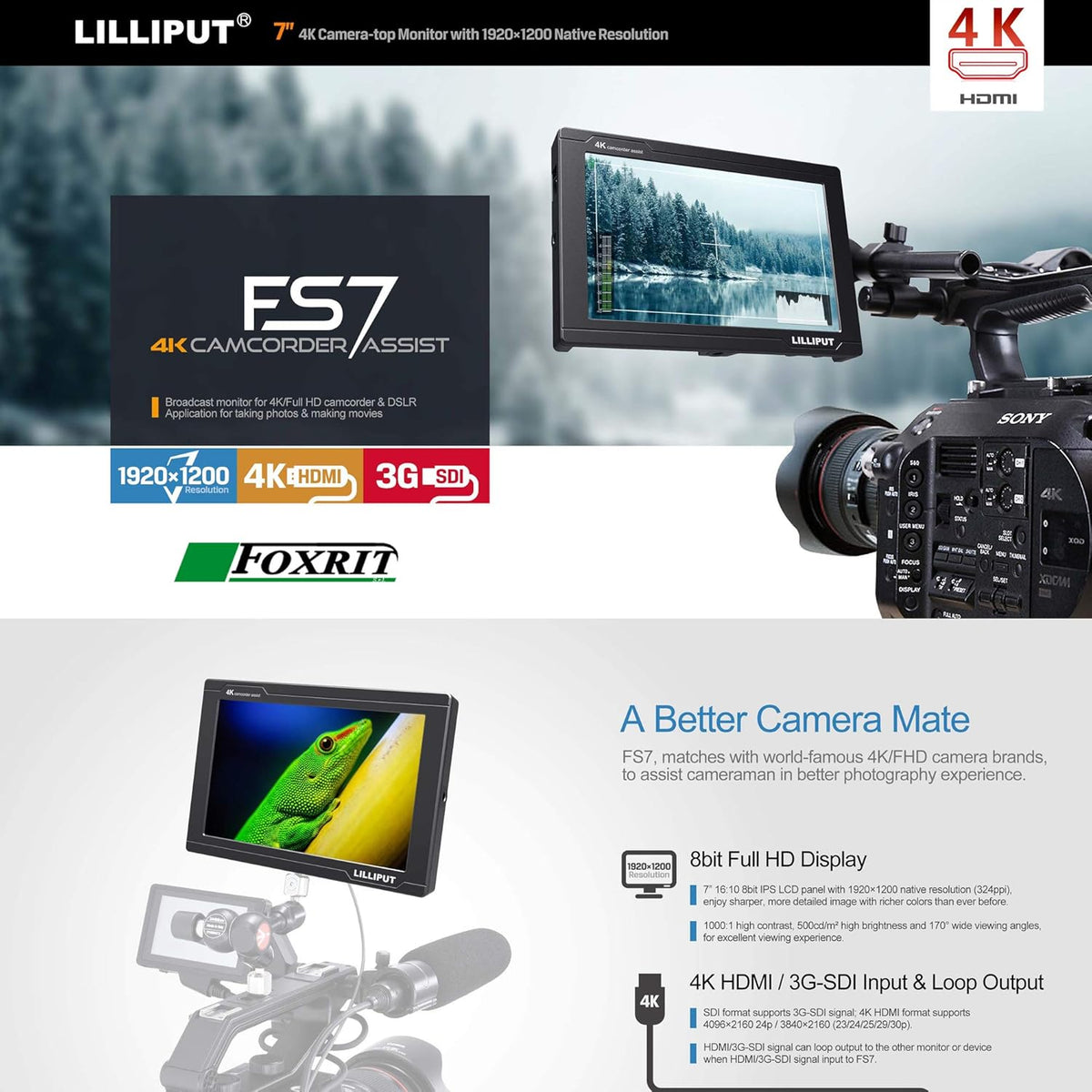 7 inch Full HD 1920x1200 4K HDMI 3G-SDI On Camera Field Display Monitor with Battery and Charger K5687