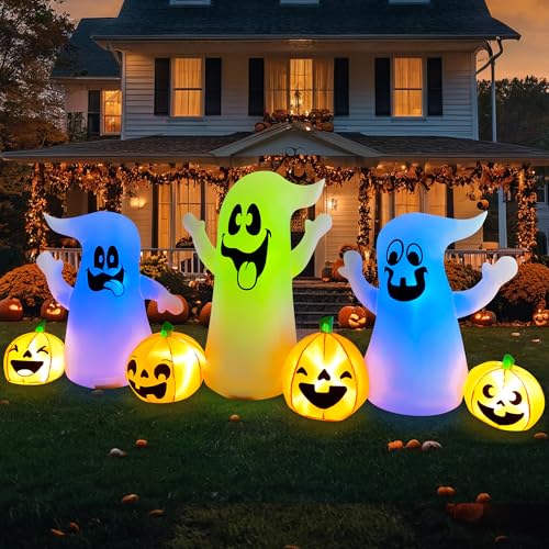 8 Ft Halloween Inflatable Three Ghosts with Pumpkin LED Light Up D22421
