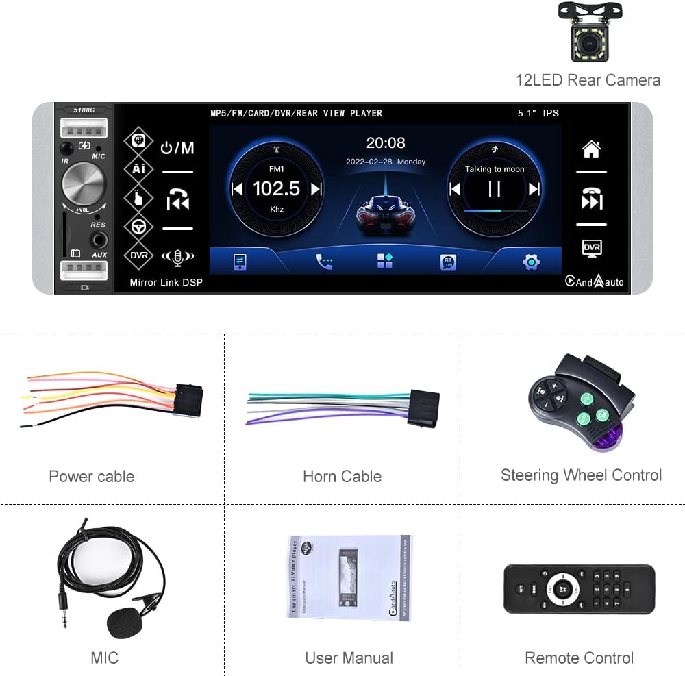 Single Din Bluetooth Car Stereo with 5.1'' HD Touch Screen W84203
