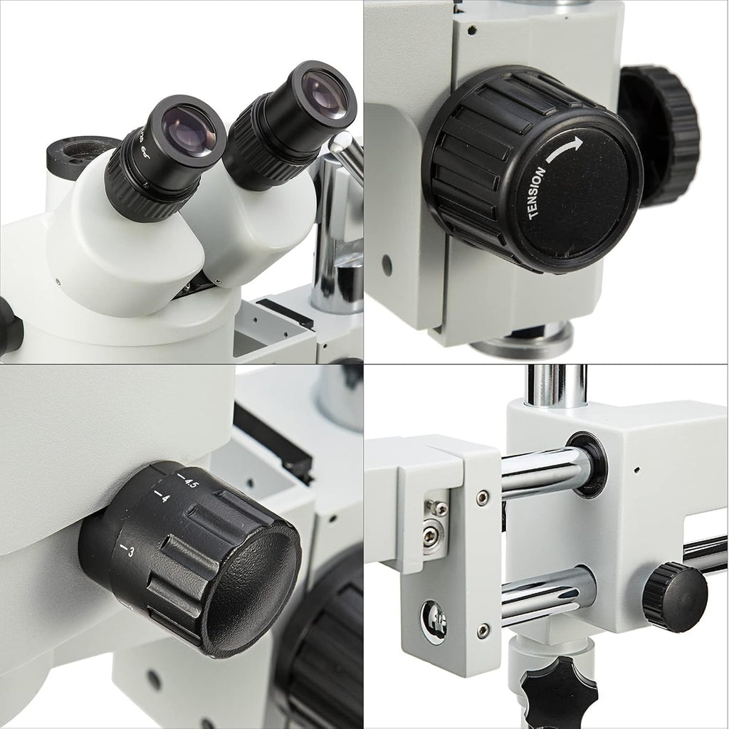 Simul-Focal Trinocular Stereo Zoom Microscope with WH10x Eyepieces, 0.7X-4.5X Objective, LED Ring Light, Double Arm Boom Stand, 0.5X and 2.0X Barlow Lens A117584