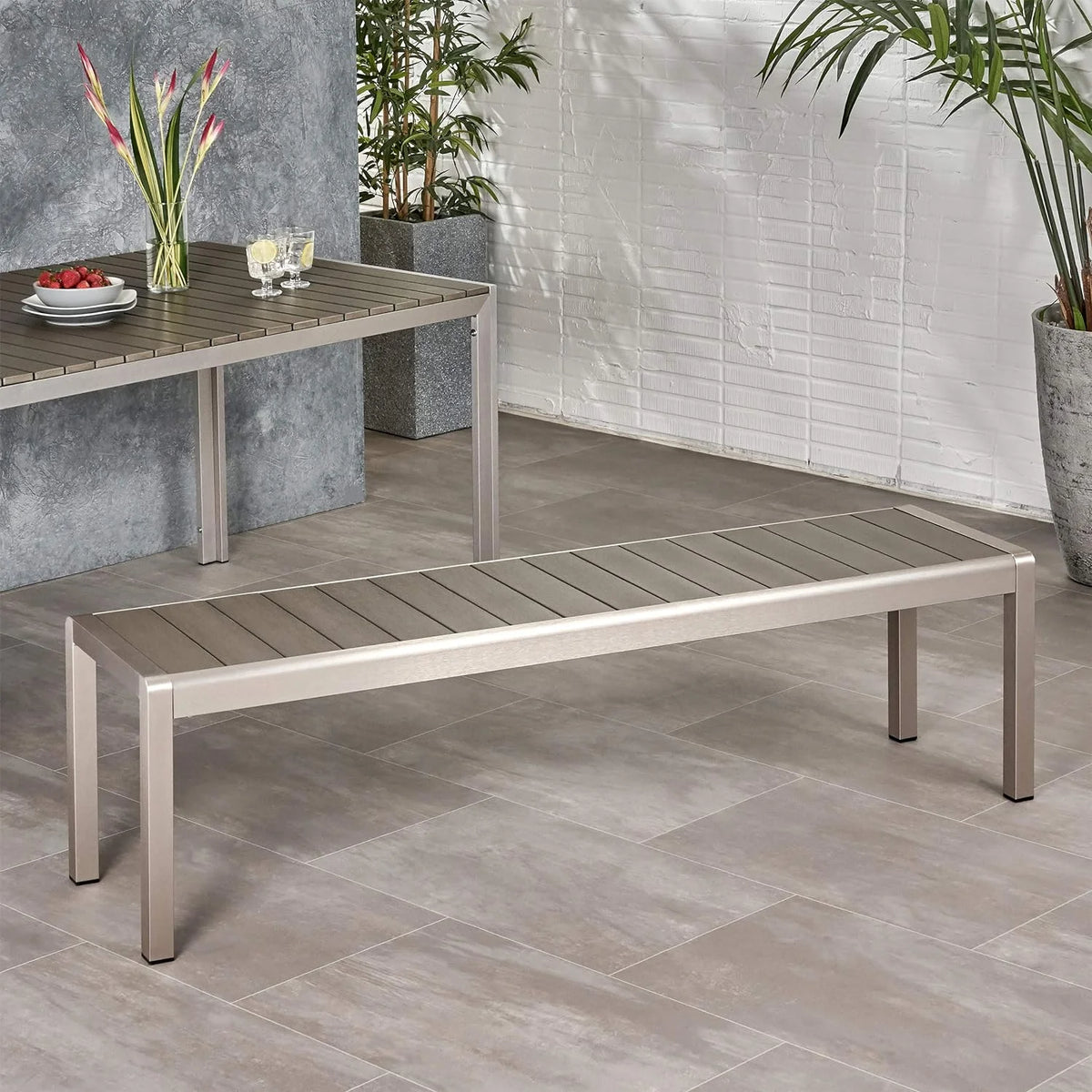 Aluminum Dining Bench with Faux Wood Seat G121313