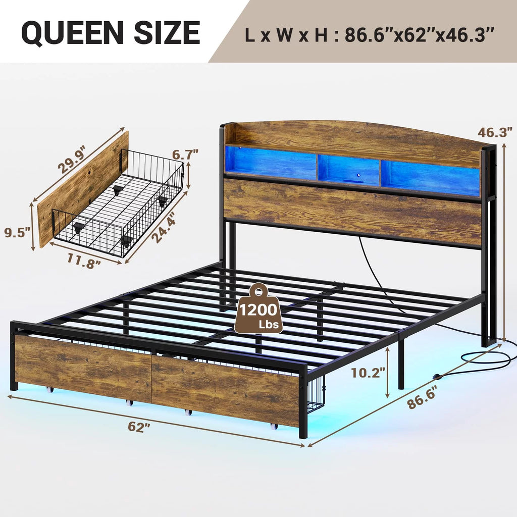 Queen Size Platform Bed with Storage Drawers and LED Headboard Y5663