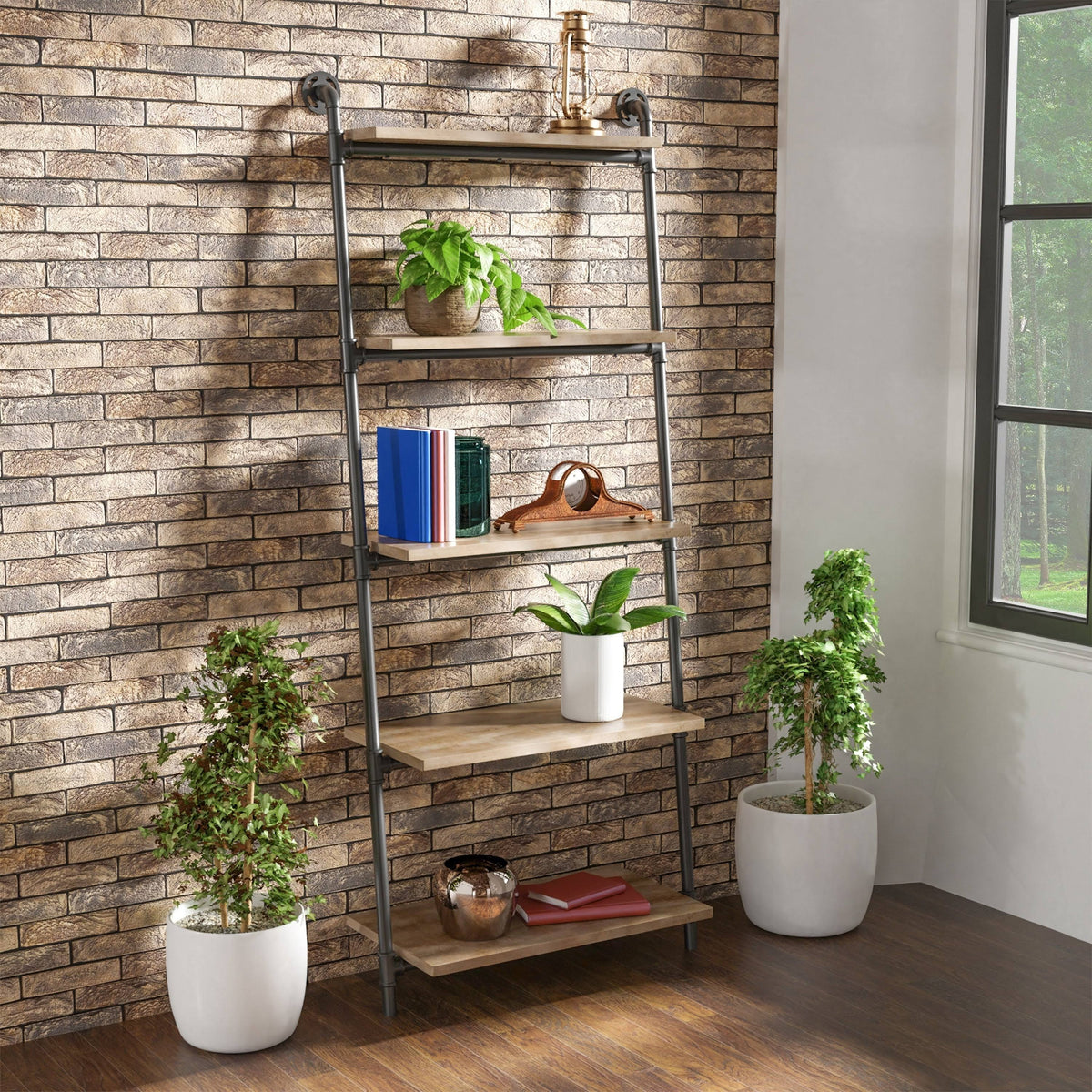 5-Tier Leaning Ladder Shelf Natural Tone K69602