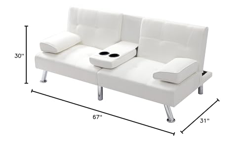 Beige Synthetic Leather Convertible Folding Sofa Bed with Metal Legs F6974