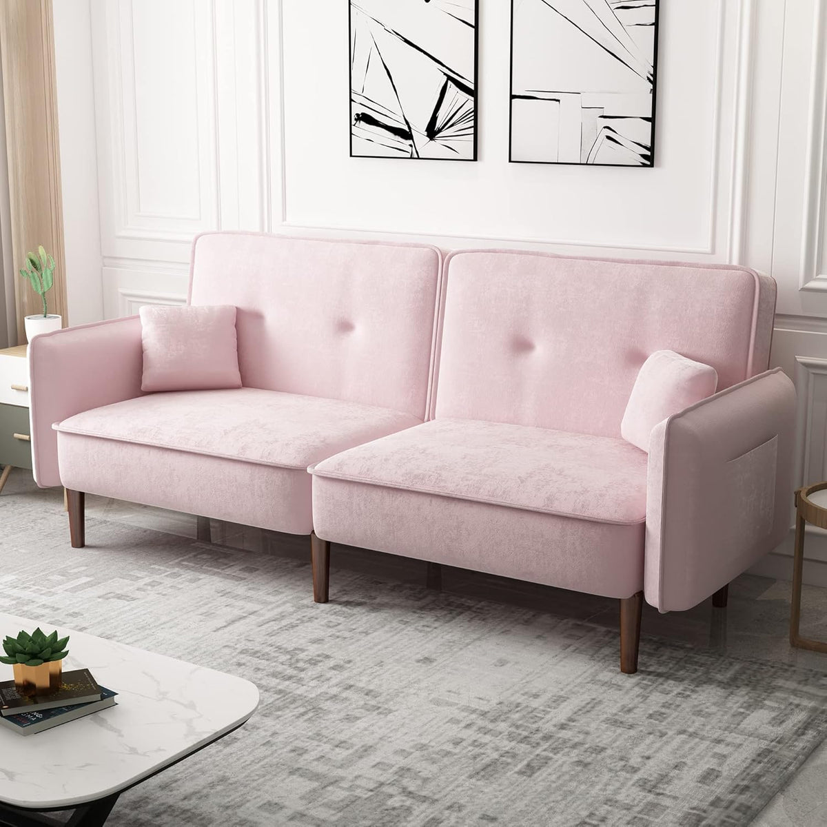Pink Velvet Convertible Sofa Bed with Magazine Bag Y128