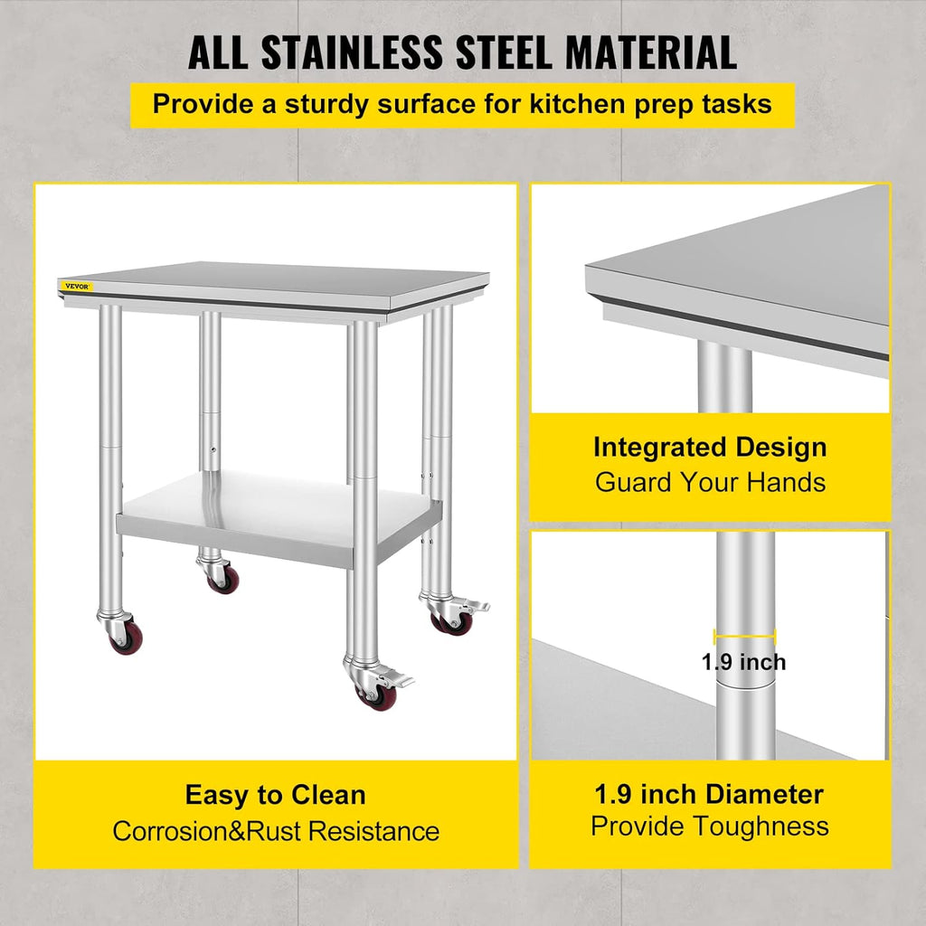 Stainless Steel Work Table with Wheels 24 x 30 x 32 Inch N30780