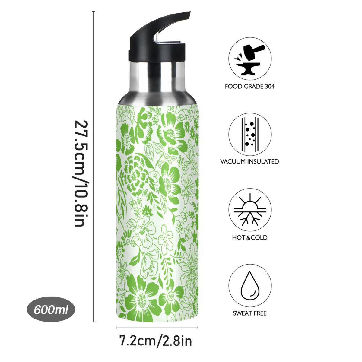 Green Stainless Steel Insulated Water Bottle with Straw Lid O816