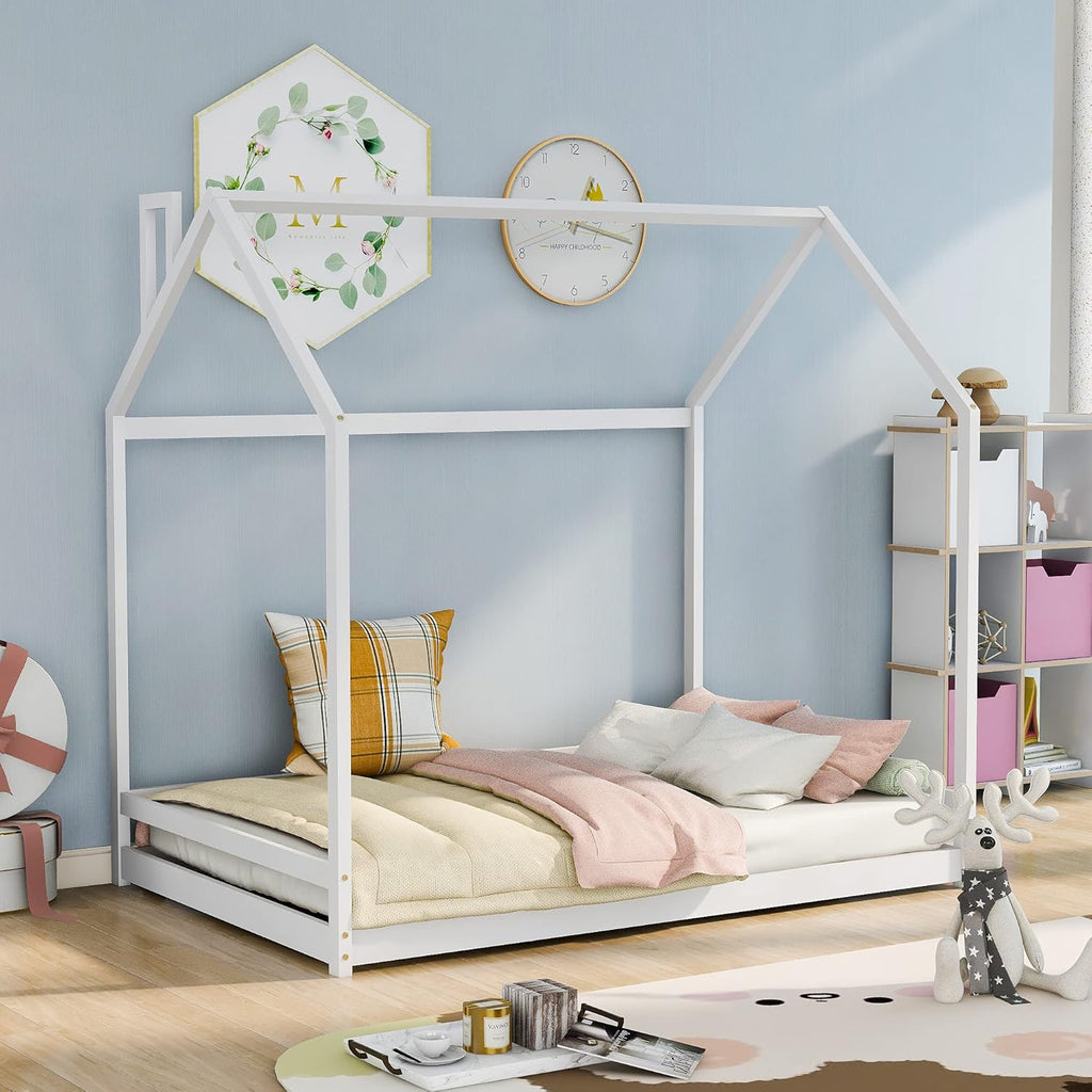 White Twin Size Wood Platform Bed with Trundle and Roof L872232