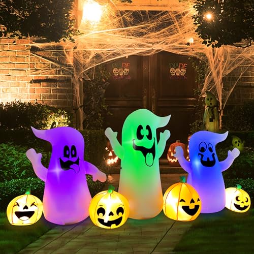 8 Ft Halloween Inflatable Three Ghosts with Pumpkin LED Light Up D22421