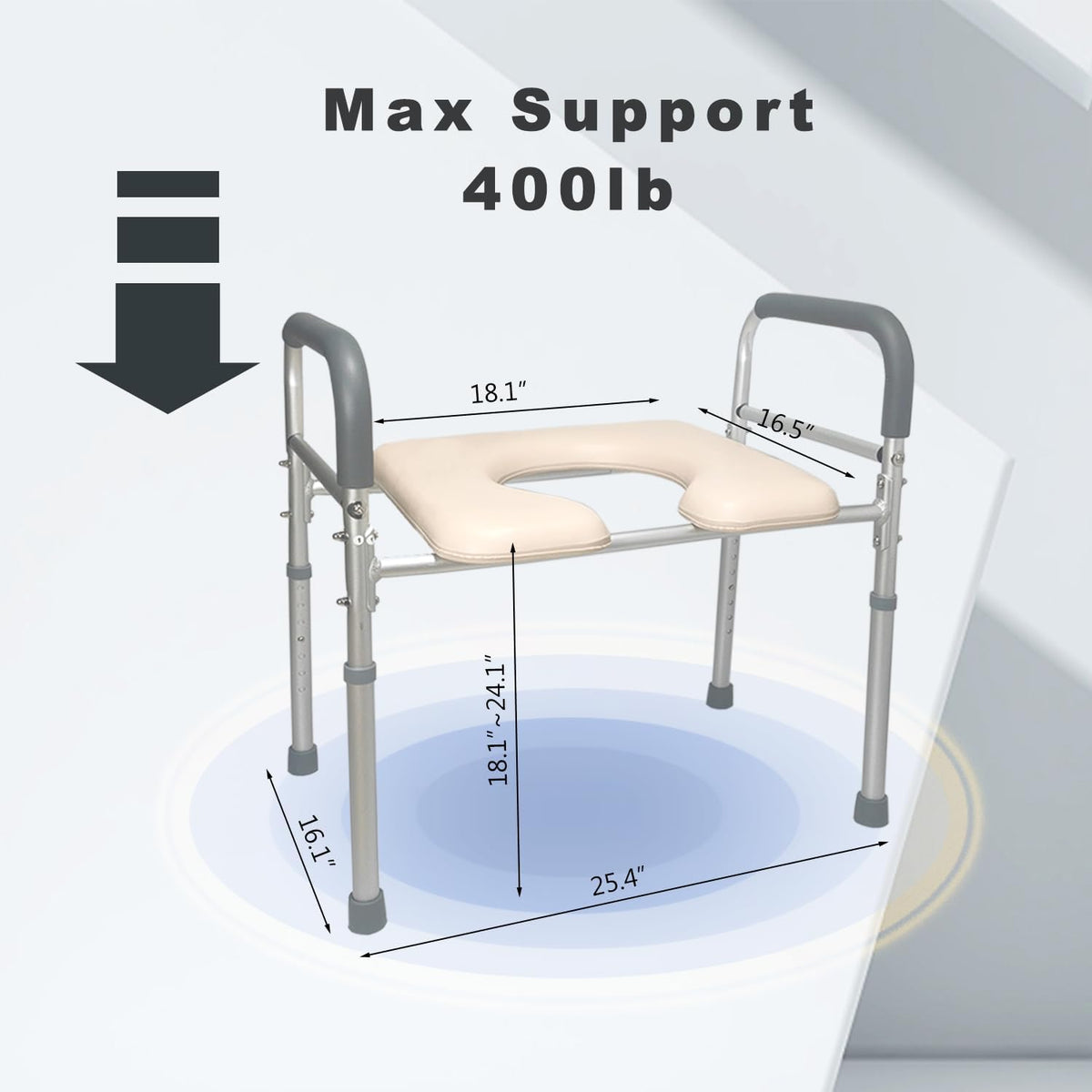 Raised Toilet Seat with Arms and U Shape Soft Cushion 400lbs 25.4in Width Height Adjustable O66912