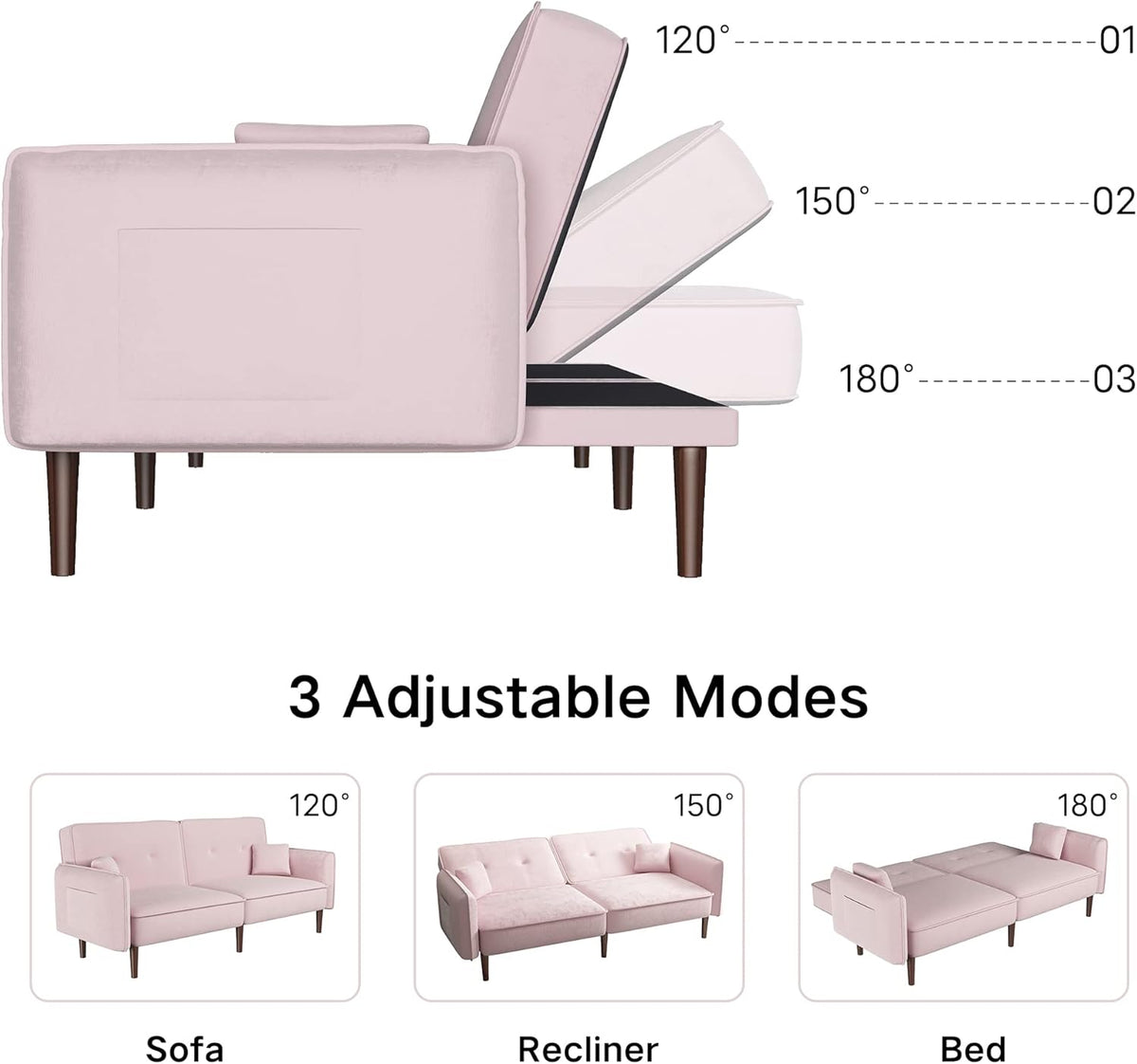 Pink Velvet Convertible Sofa Bed with Magazine Bag Y128