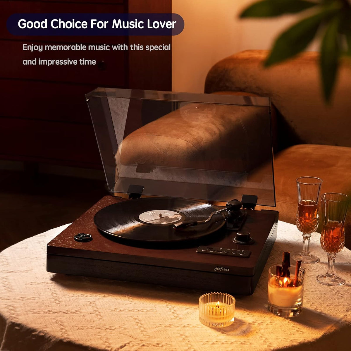 Wooden Vinyl Record Player with Built-in Speakers, Bluetooth Input, 3-Speed C605
