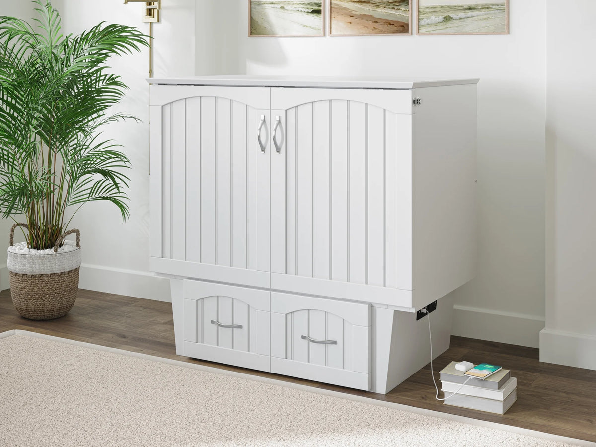 White Twin Solid Wood Murphy Bed Chest with Mattress H2477