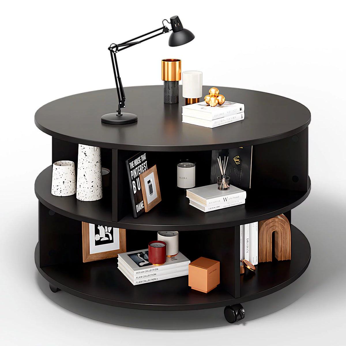 31.5-Inch Round Coffee Table with Wheels, 2-Tiers Storage Black F935601
