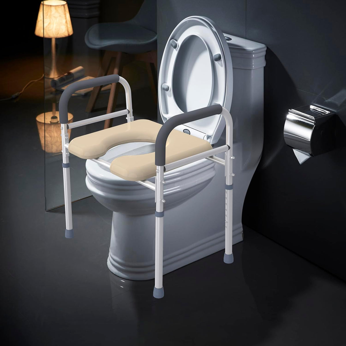 Raised Toilet Seat with Arms and U Shape Soft Cushion 400lbs 25.4in Width Height Adjustable O66912