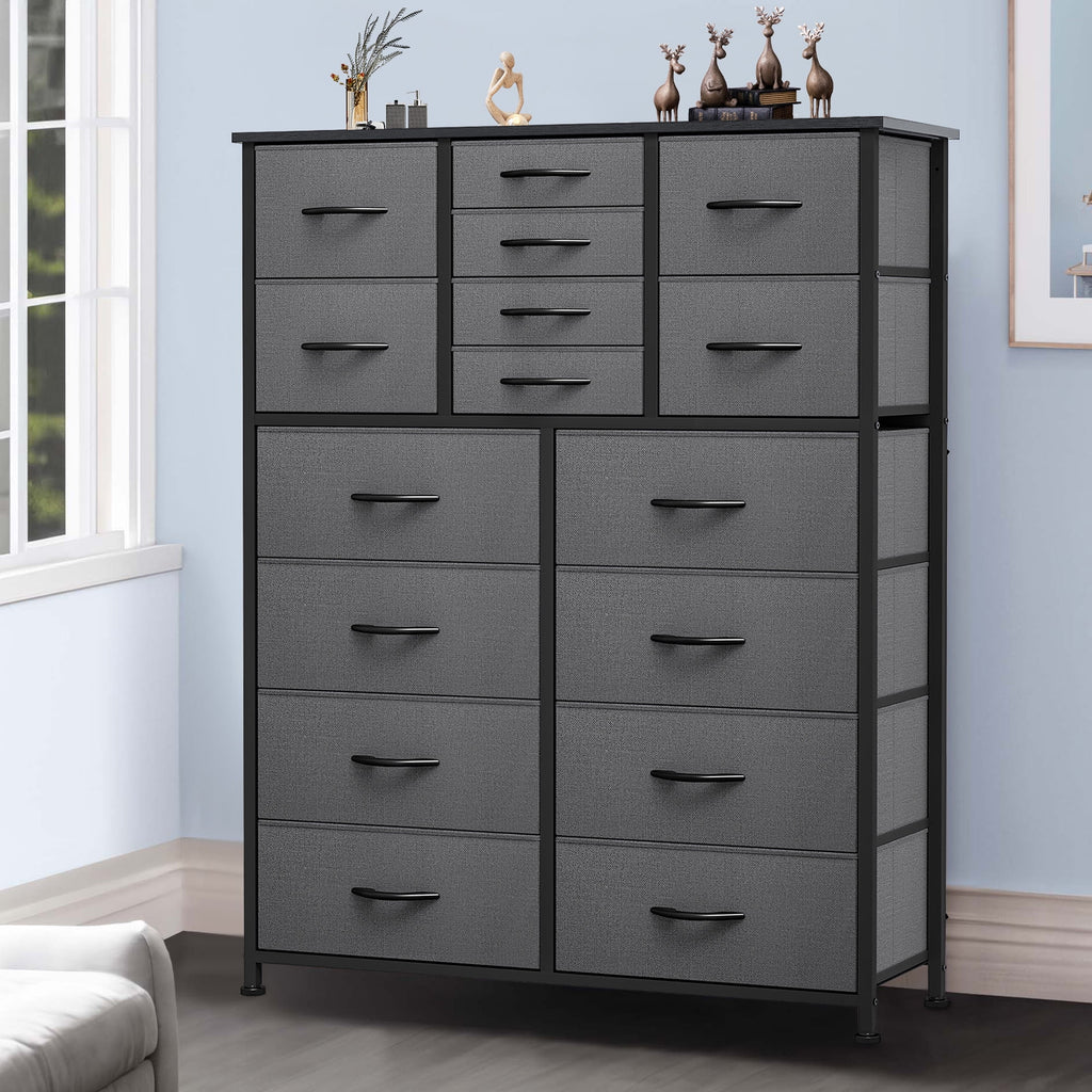 16 Drawer Fabric Dresser with Metal Frame and Wooden Top N9084