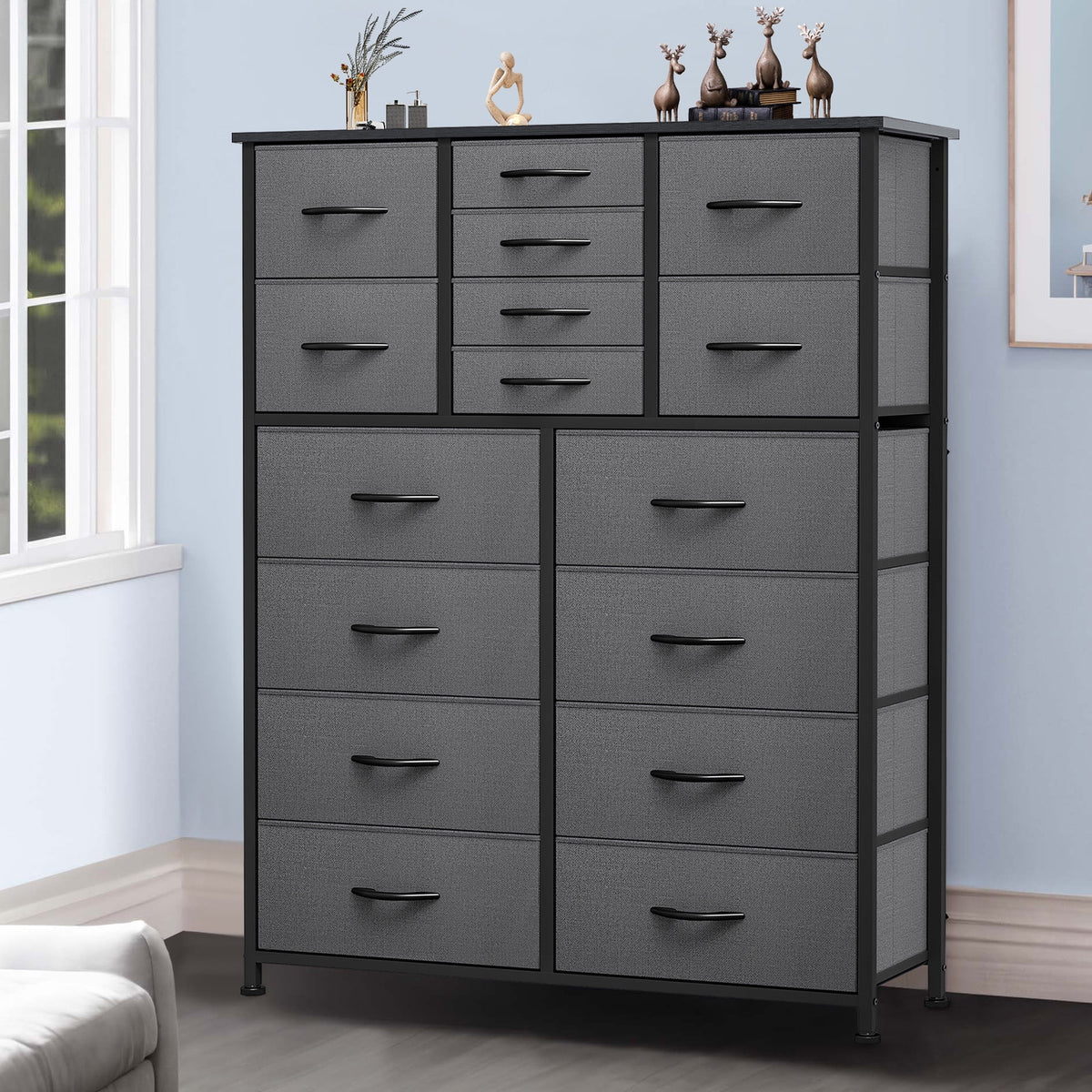 16 Drawer Fabric Dresser with Metal Frame and Wooden Top N9084