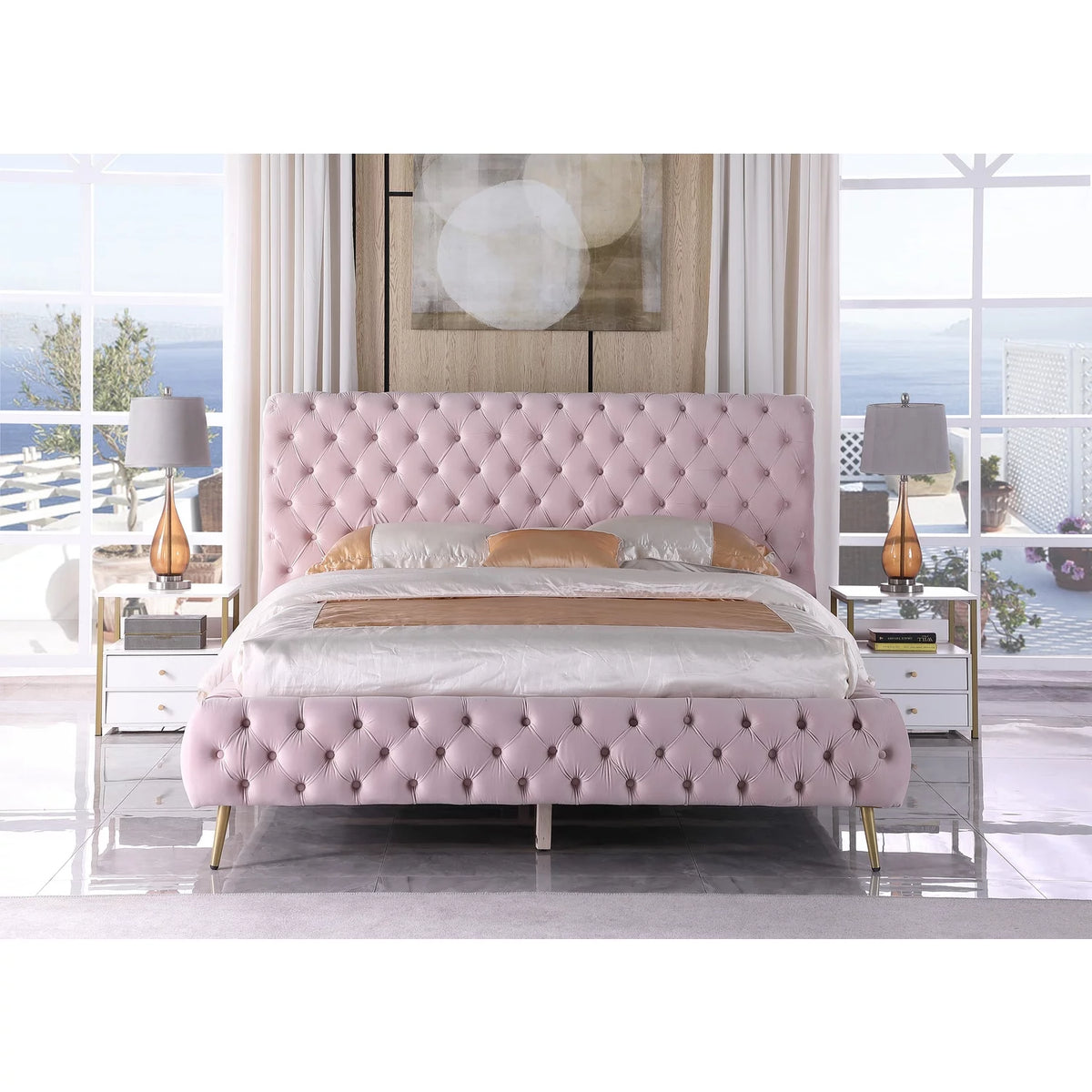 Pink Velvet Platform King Bed O37961