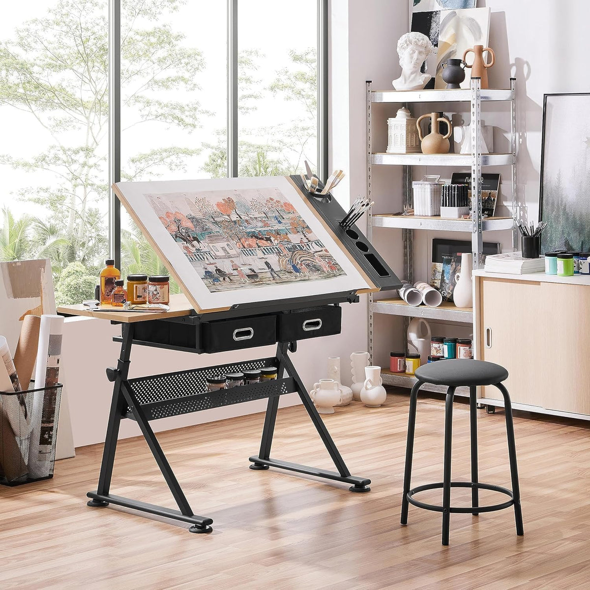 Height Adjustable Drafting Table with Tilting Tabletop and Storage Drawers Y9005