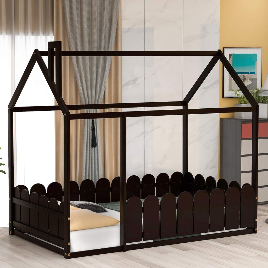 White Twin Size Wood Platform Bed with Trundle and Roof L872232