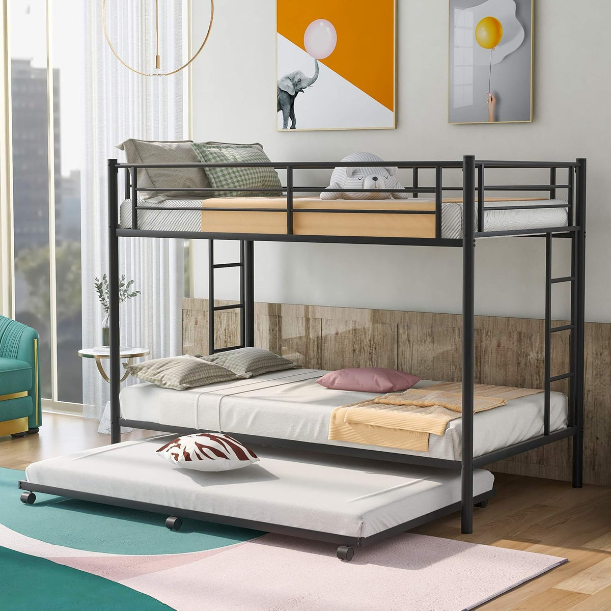 Twin Over Twin Metal Bunk Bed with Trundle and 2 Ladders G395