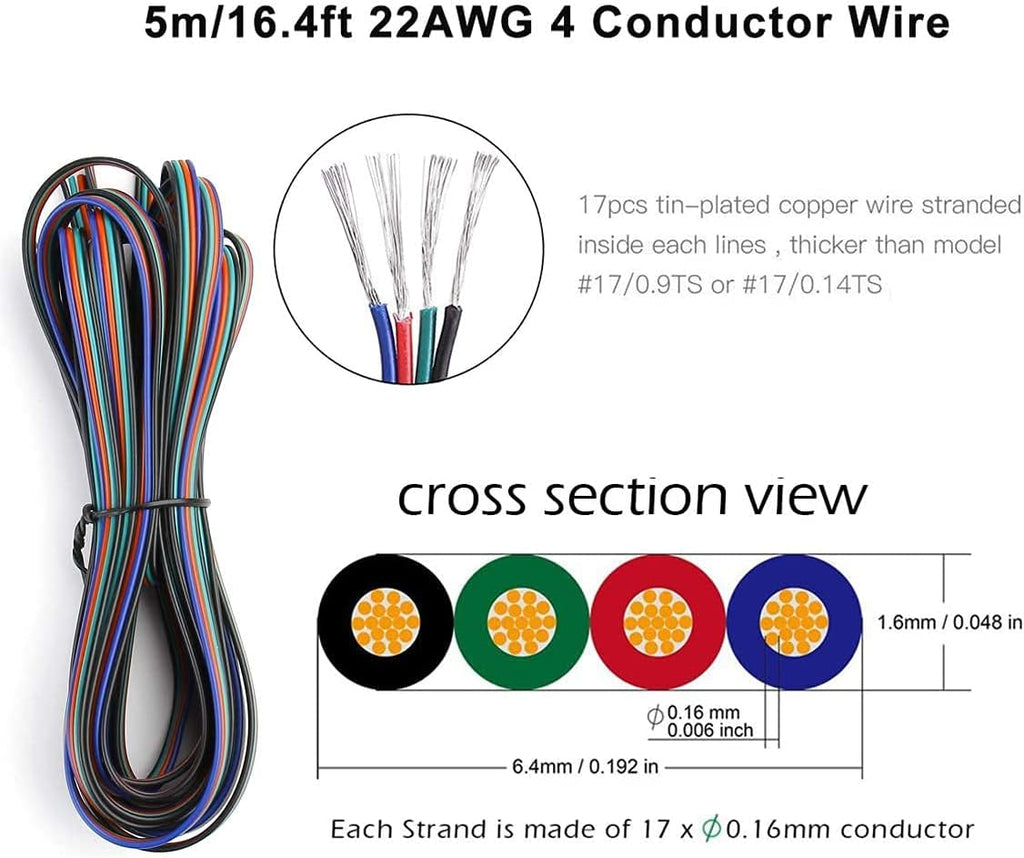 10 Pack 4 Pin LED Connector for 10mm RGB 5050 LED Strip Lights with 16.4ft Extension Cable T694736