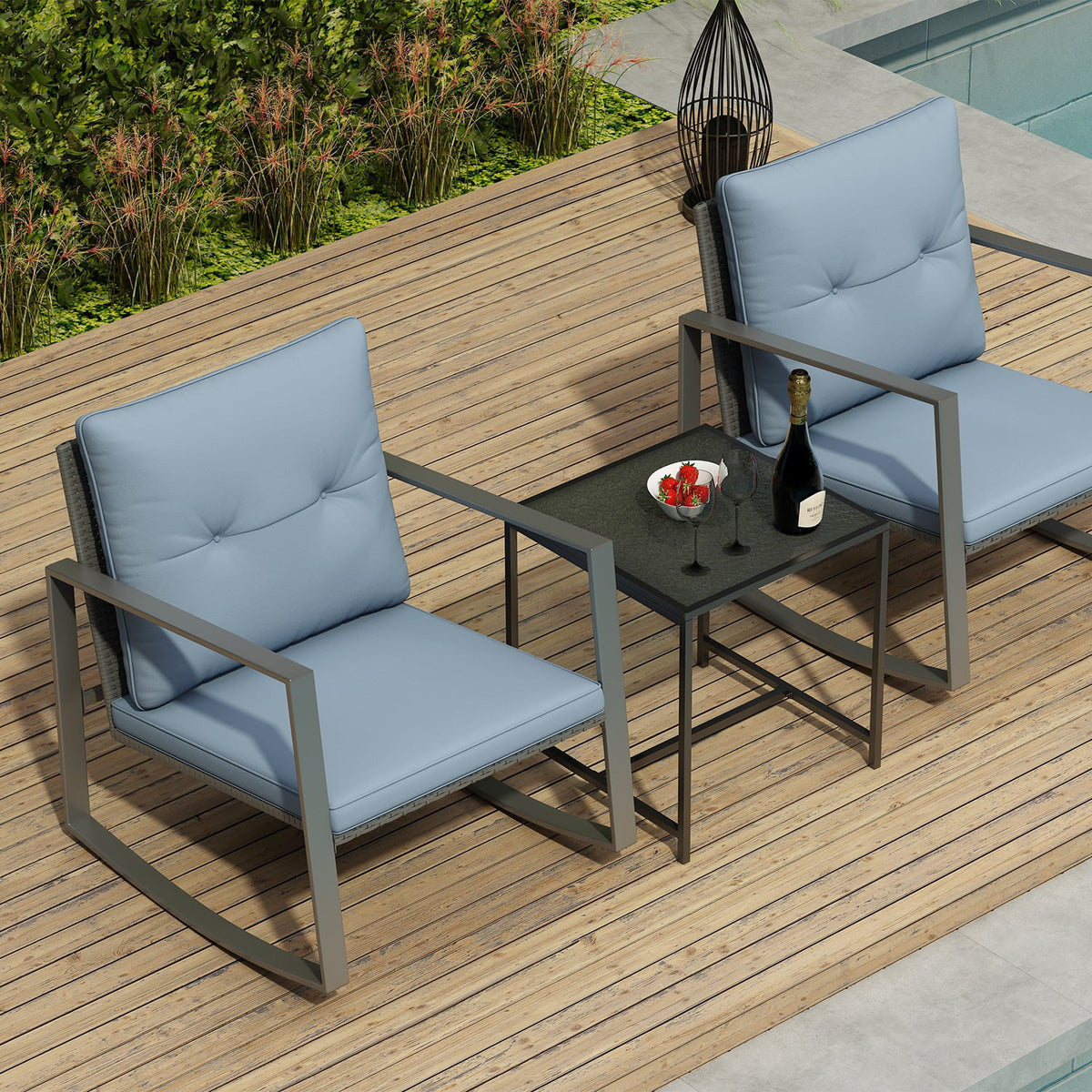 3-Piece Bistro Outdoor Cafe Furniture Set with Glass Table Grey N1738