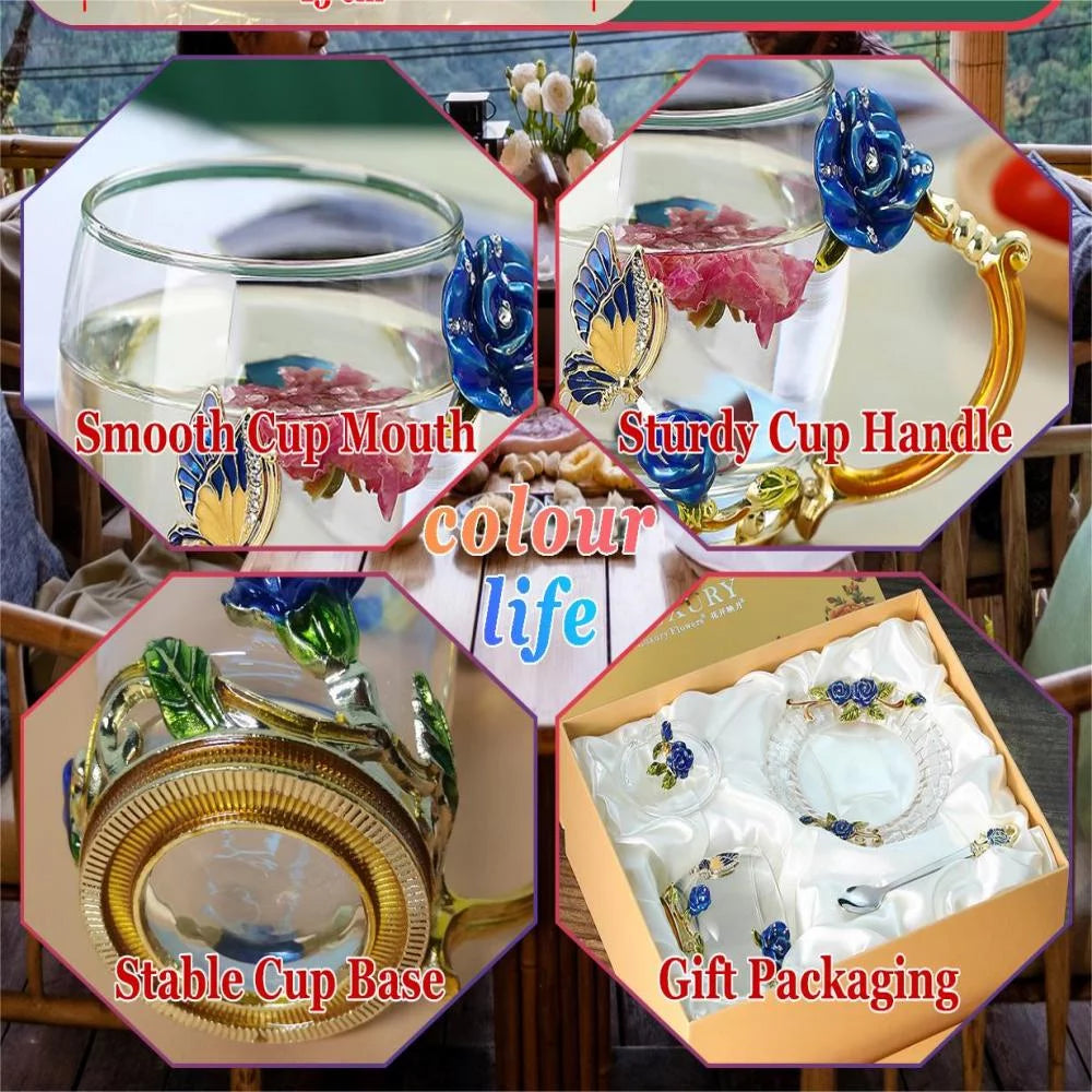 Blue Rose Enamel Glass Tea Cup Set with Lid, Coaster and Spoon (320ml) C29960