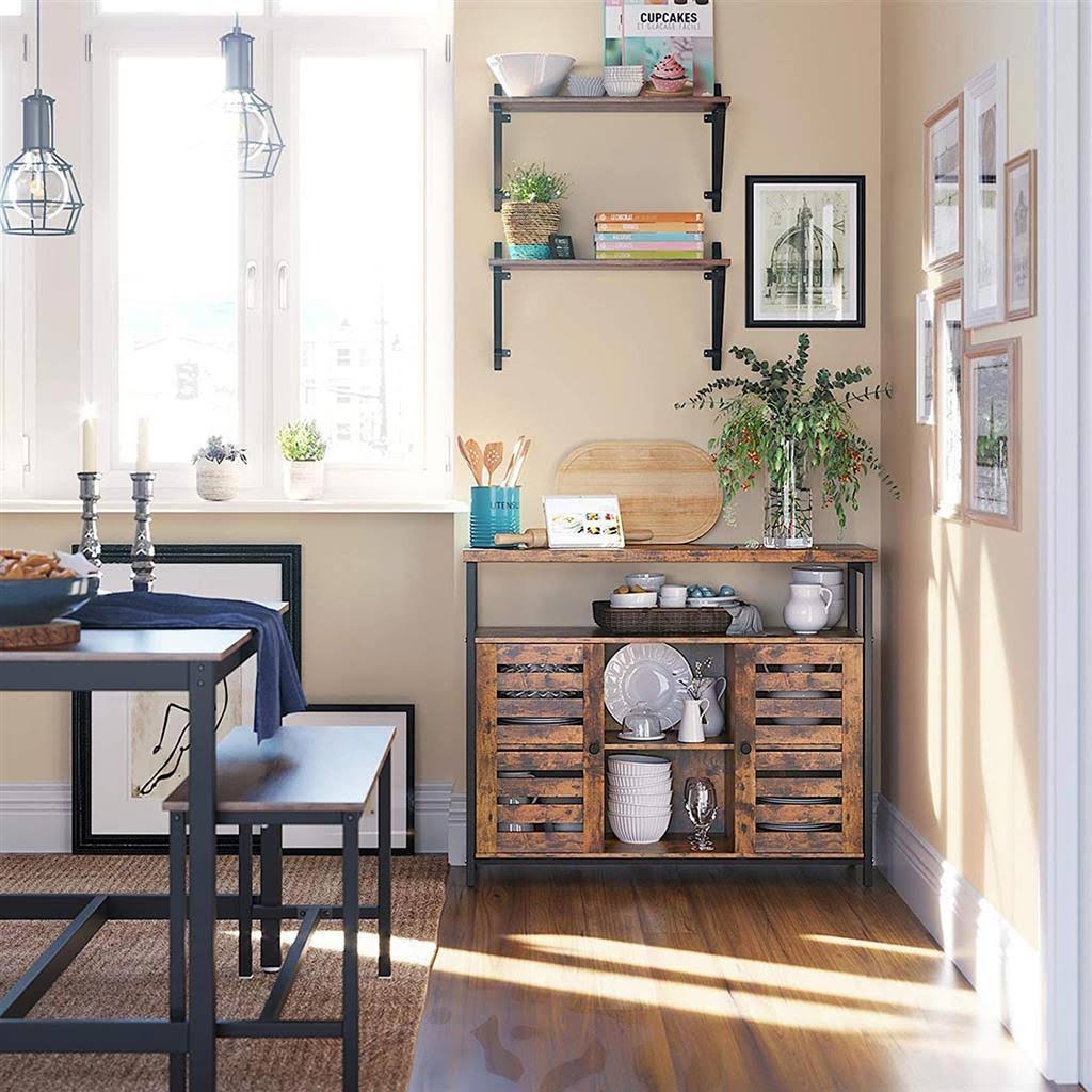 Storage Sideboard with Cupboard, Shelves, Louvered Doors W479