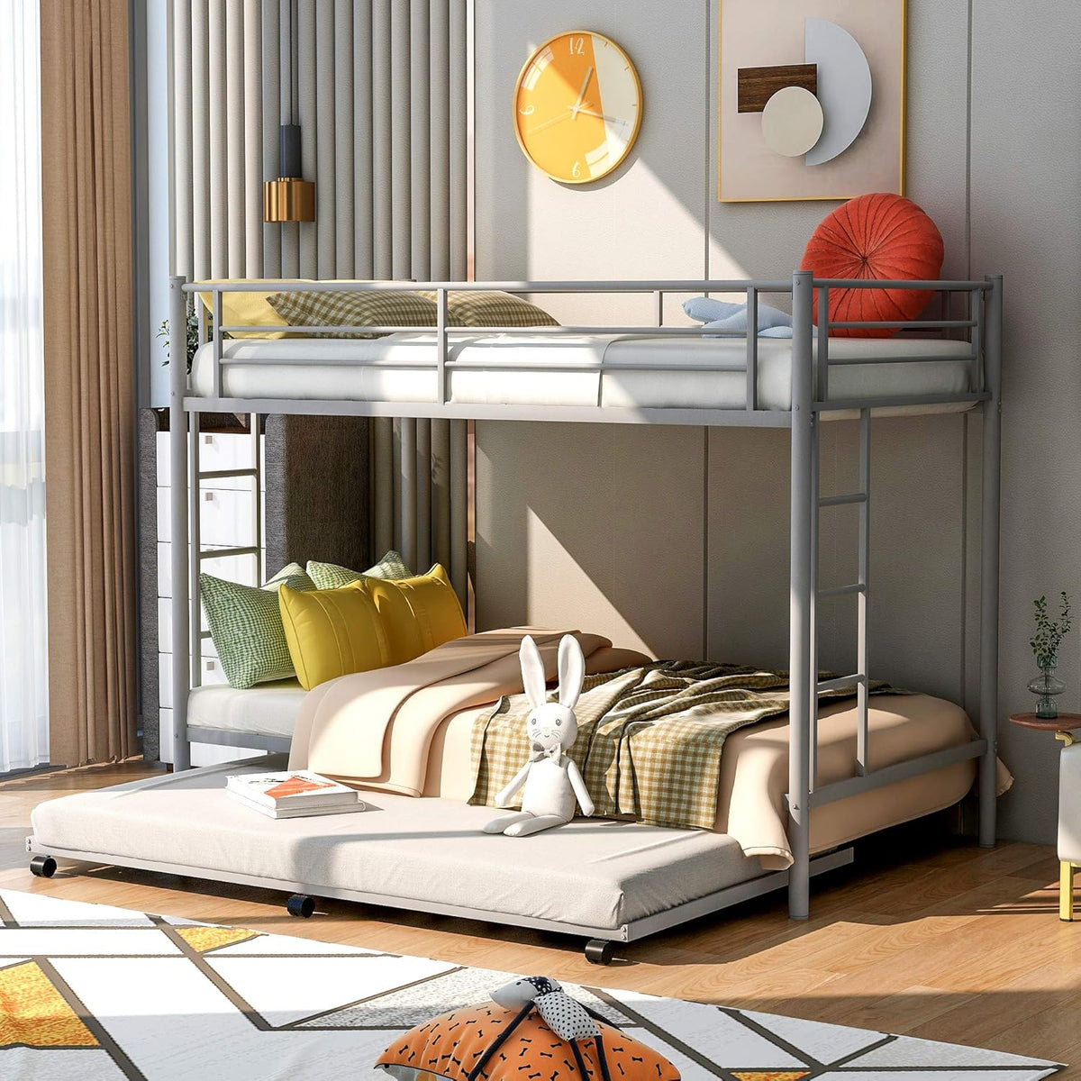 Twin Over Twin Metal Bunk Bed with Trundle and 2 Ladders G395