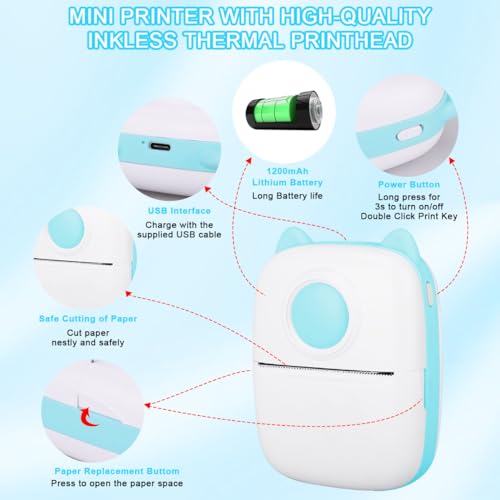 Pink Mini Portable Thermal Printer with 13 Roll Papers O6578