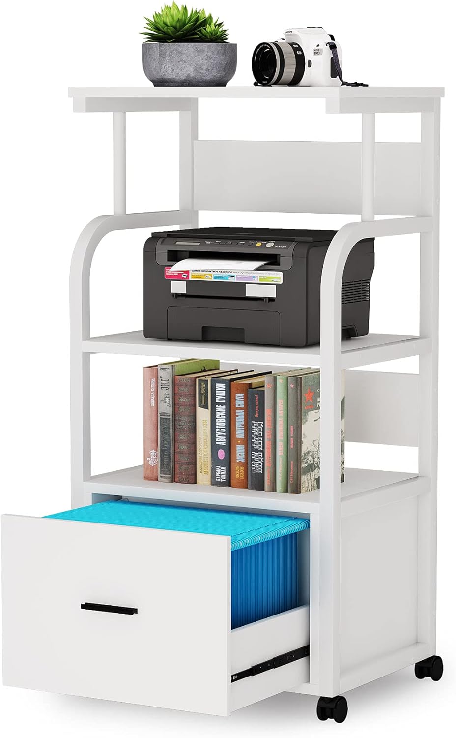 Mobile File Cabinet with Printer Shelf, 3 Tier Printer Stand with Legal Size Drawer, Rolling Filing Cabinet Printer Cart with Storage Shelves C595