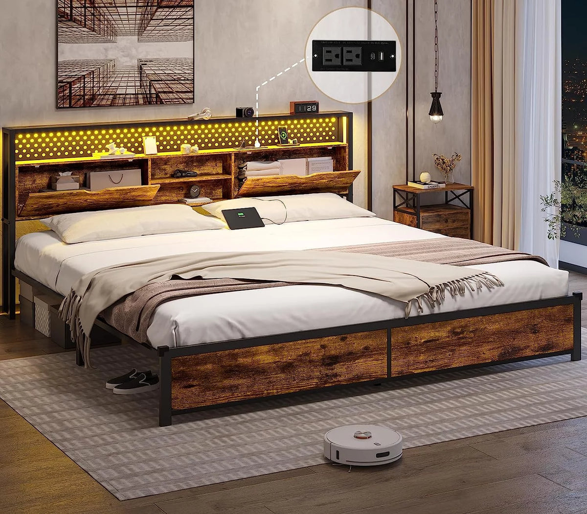 Queen Bed Frame with Storage Drawers, LED, USB Charging Station, Brown K8943